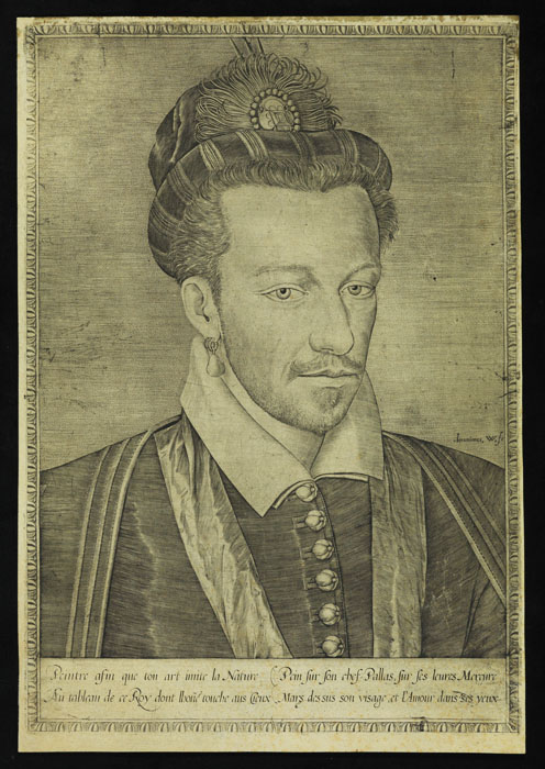 Grafika z hipsterem z kolczykami: Hieronymus Wierix(1553-1619) [Portret Henryka III Walezego Inc.:] Peintre afin que ton art imite la Nature […] - tj. portret Henryka Walezego (miedzioryt)